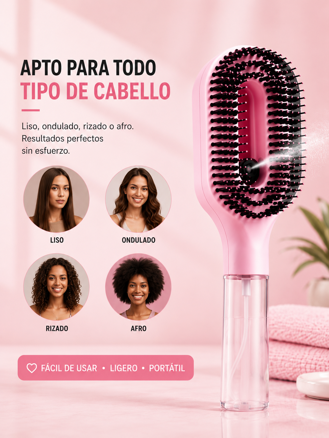 Cepillo Pulverizador 2 en 1 con Difusor de Agua – Desenreda y Masajea sin Tirones