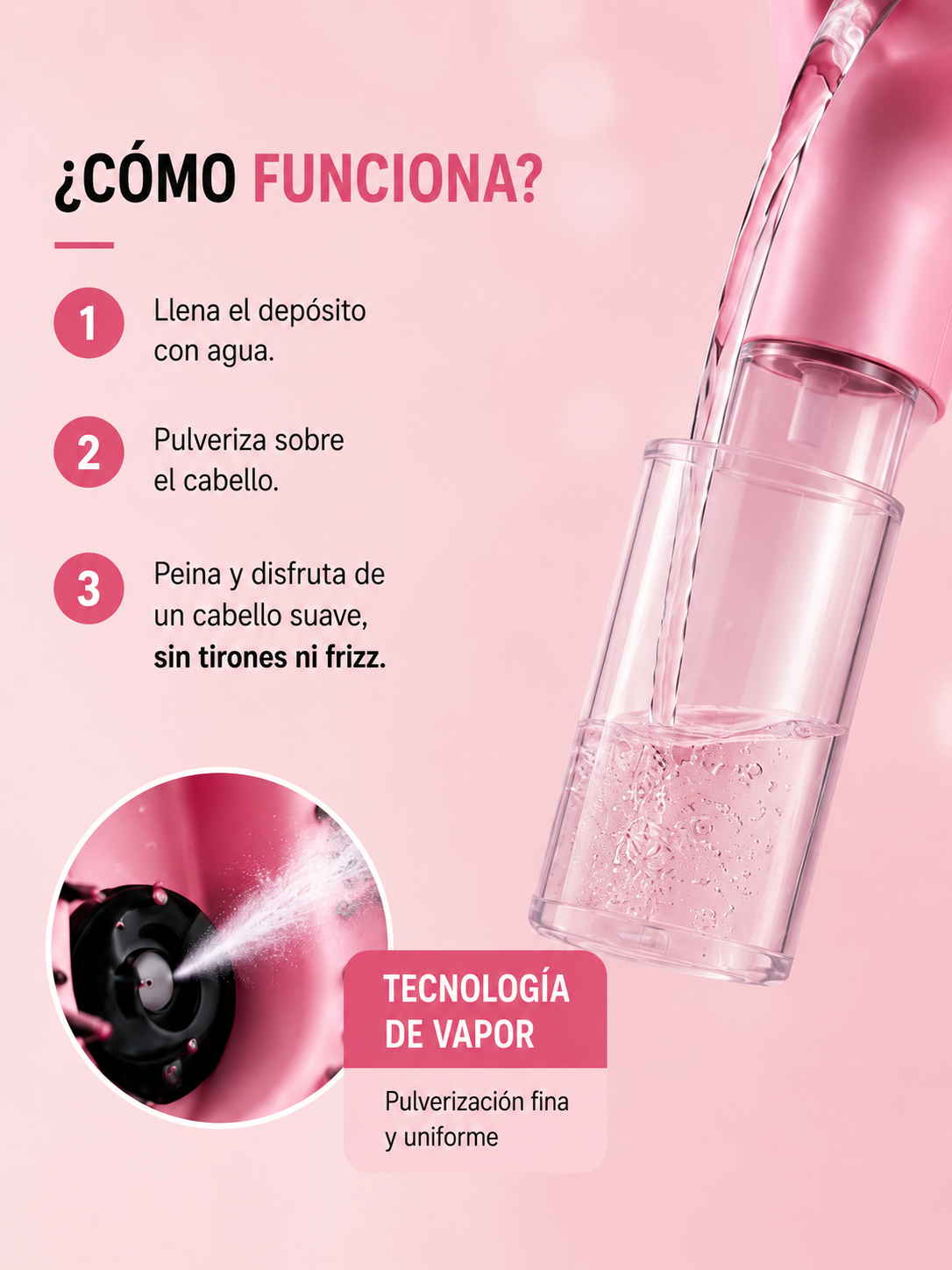 Cepillo Pulverizador 2 en 1 con Difusor de Agua – Desenreda y Masajea sin Tirones